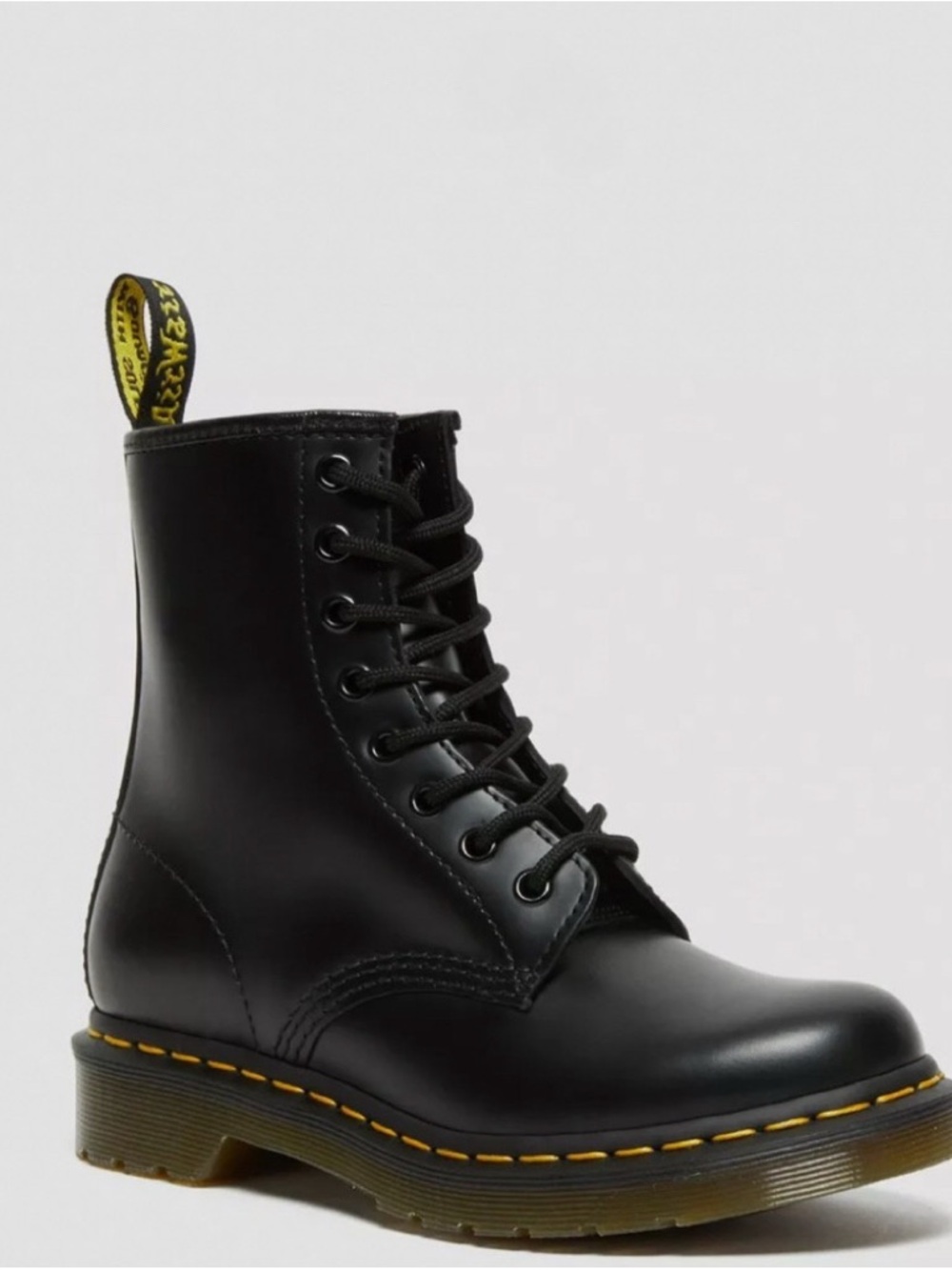 Dr. Martens Black Lace-Up 8-Eye Ankle Boot with Yellow Pull Tab